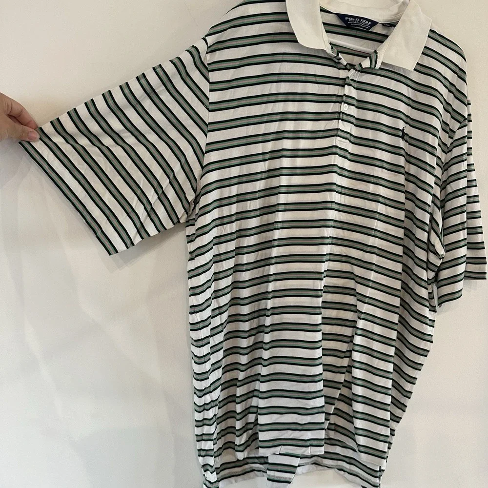 Polo Golf Ralph Lauren Polo Shirt XXL White Green Stripe Cotton Peru YGI‎ U3-53